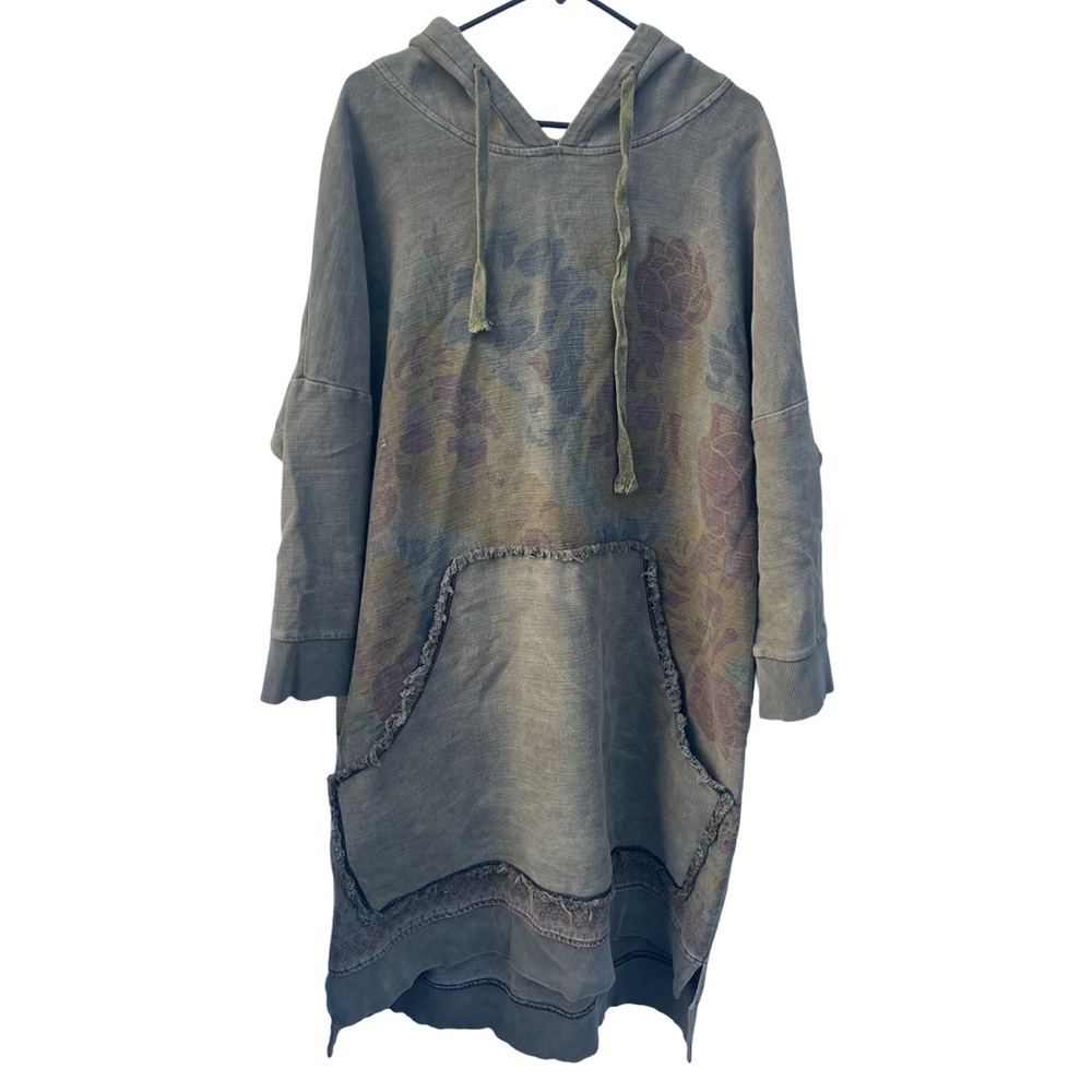 Oversized Hooded Pullover with Florals - Earthy Green